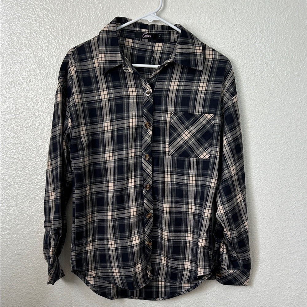 Classic Navy and Cream Plaid Button-Down Shirt